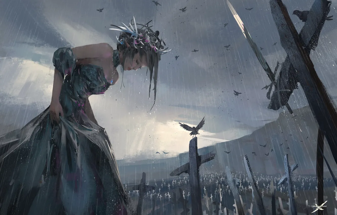 Photo wallpaper girl, rain, bird, art, Ghost blade, Wlop