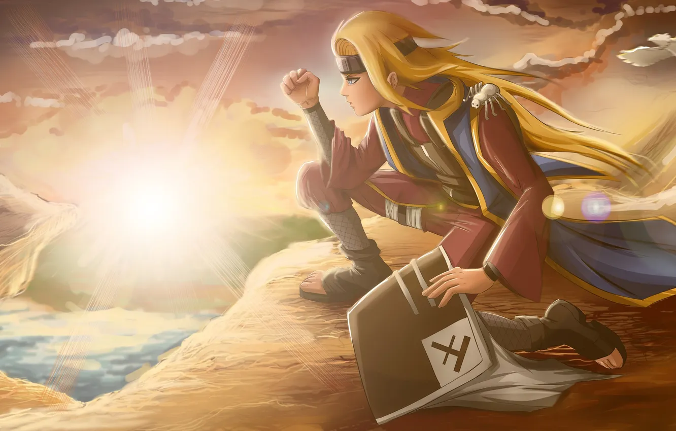 Photo wallpaper sunset, mountains, bird, spider, hat, guy, Naruto, Naruto