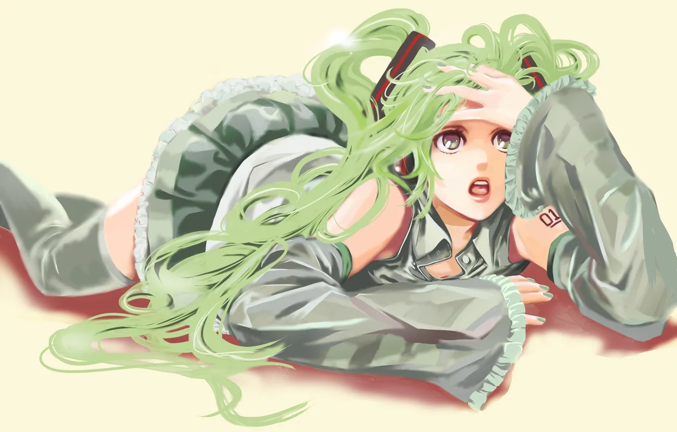 Photo wallpaper girl, pose, room, lies, vocaloid, hatsune miku, Vocaloid, open mouth