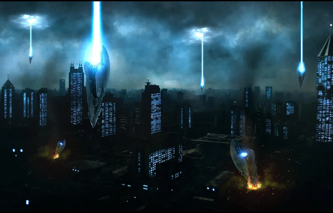 Photo wallpaper clouds, the city, building, art, invasion, Alien ships