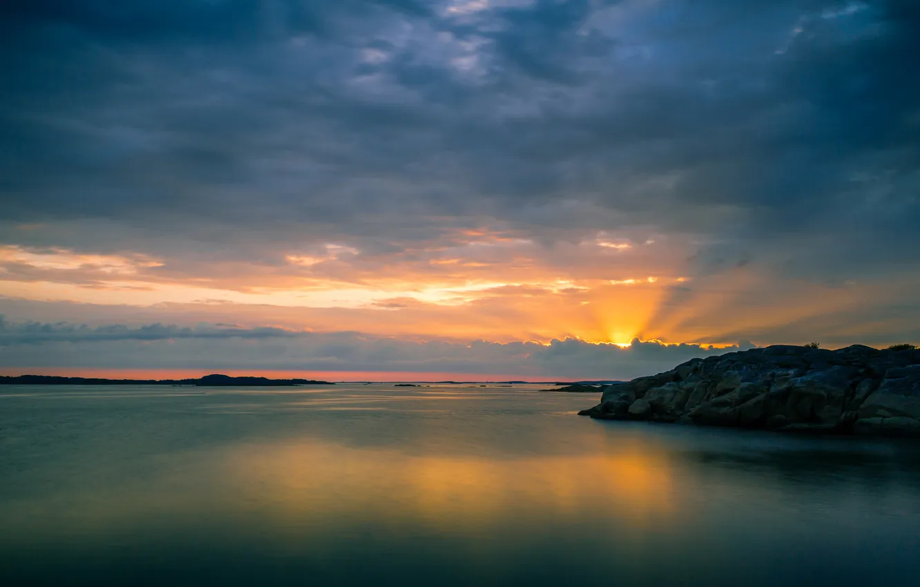 Photo wallpaper clouds, lake, rocks, dawn, Sweden, Europe, Scandinavia, Vastra Gotaland