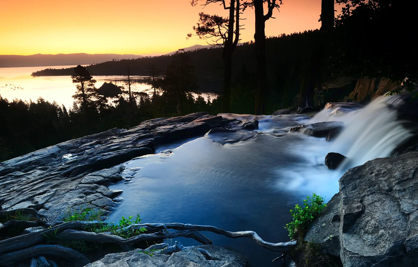 Photo wallpaper forest, the sky, river, stones, stream, the evening