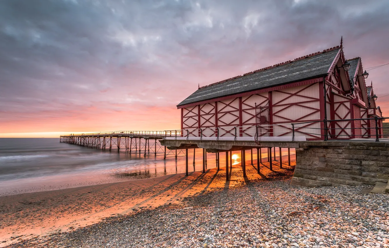 Photo wallpaper Beach, Sunrise, Seascape, Saltburn Pier