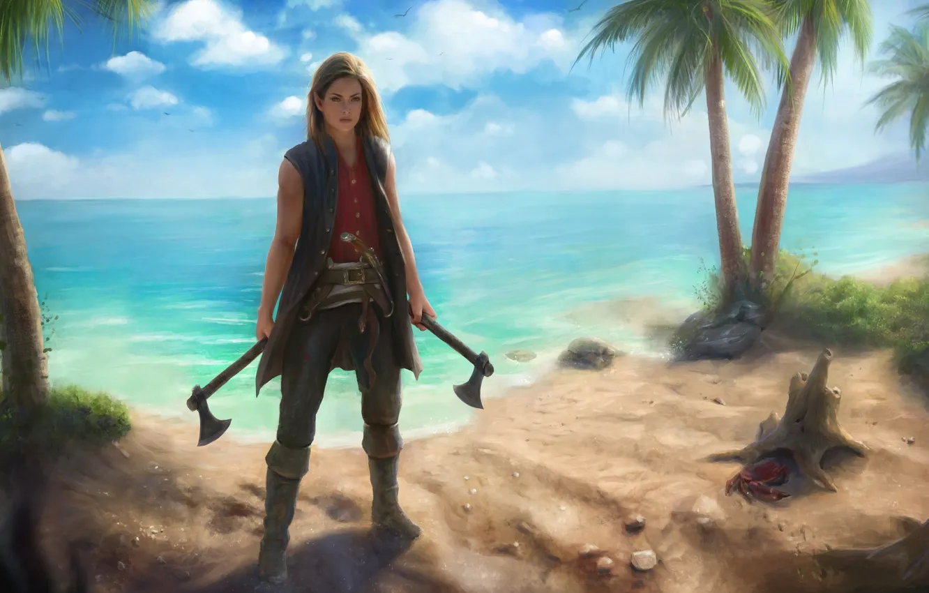 Photo wallpaper sea, girl, palm trees, coast, woman, warrior, fantasy, pirate