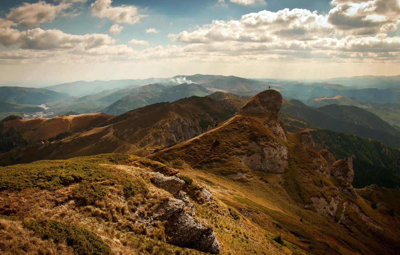 Photo wallpaper the sky, clouds, mountains, tops, valley, mountains