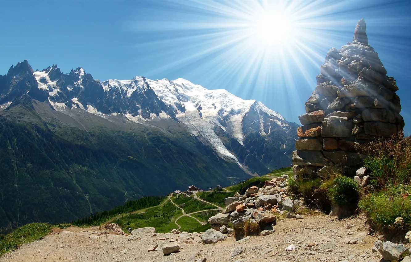 Photo wallpaper the sun, mountains, nature, tops, height