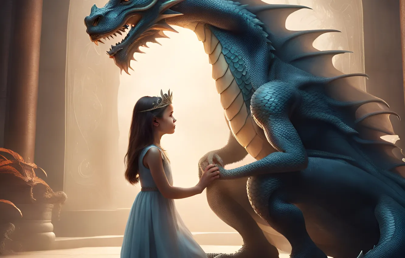 Photo wallpaper light, blue, pose, dragon, hands, fantasy, mouth, friendship