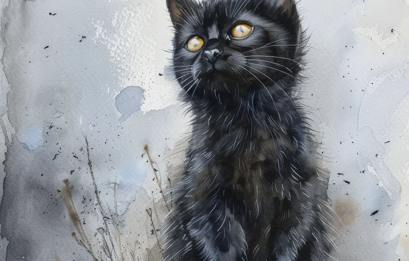 Photo wallpaper Cat, Kitty, Black, Cat, Art, Front, Digital art, AI art