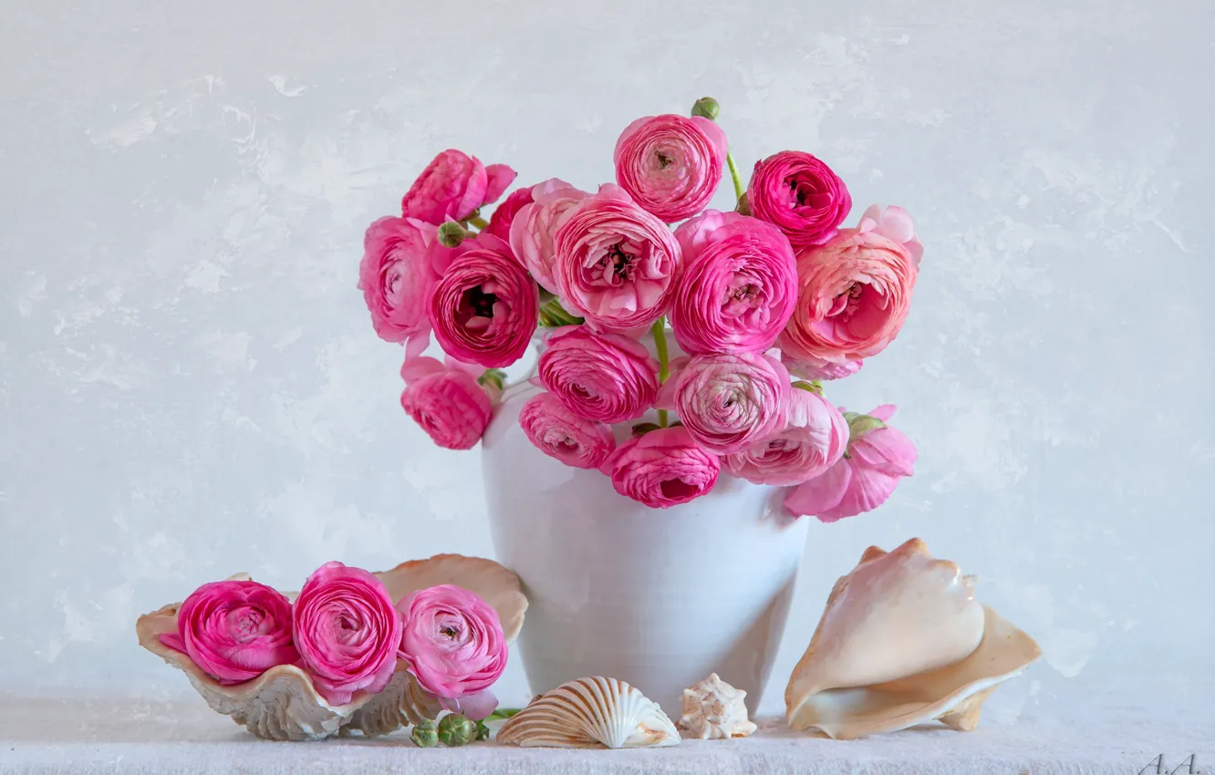 Photo wallpaper flowers, bouquet, vase, shell, buttercups