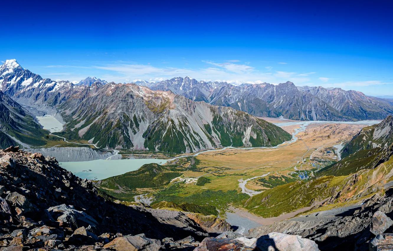 Photo wallpaper landscape, mountains, lake, New Zealand, panorama