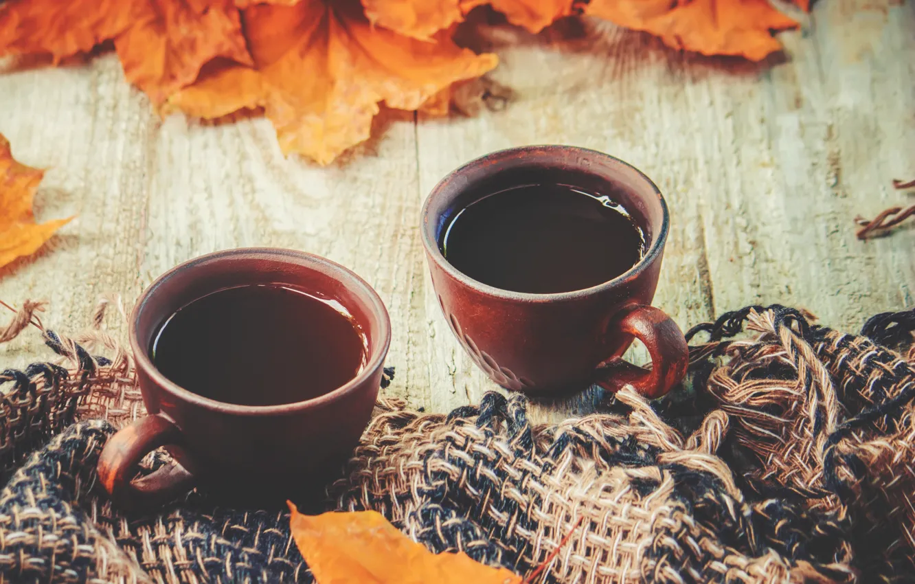 Photo wallpaper autumn, leaves, plaid, wood, autumn, leaves, coffee cup, a Cup of coffee