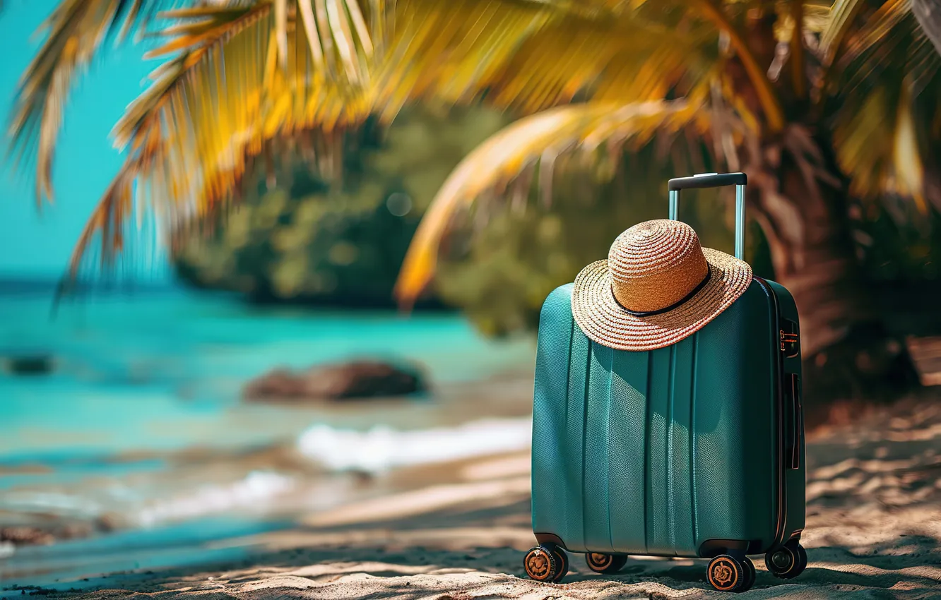 Photo wallpaper sand, sea, wave, beach, summer, the sky, palm trees, shore