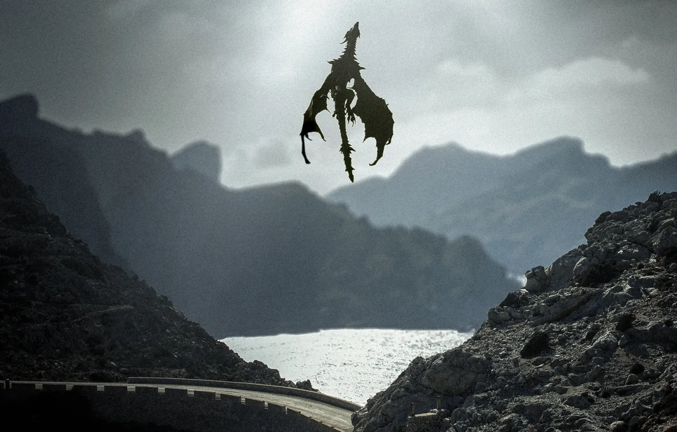 Photo wallpaper road, mountains, lake, fantasy, dragon, photo, photographer, Andrés Nieto Porras