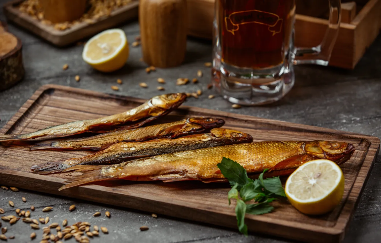 Photo wallpaper table, beer, fish, smoked fish