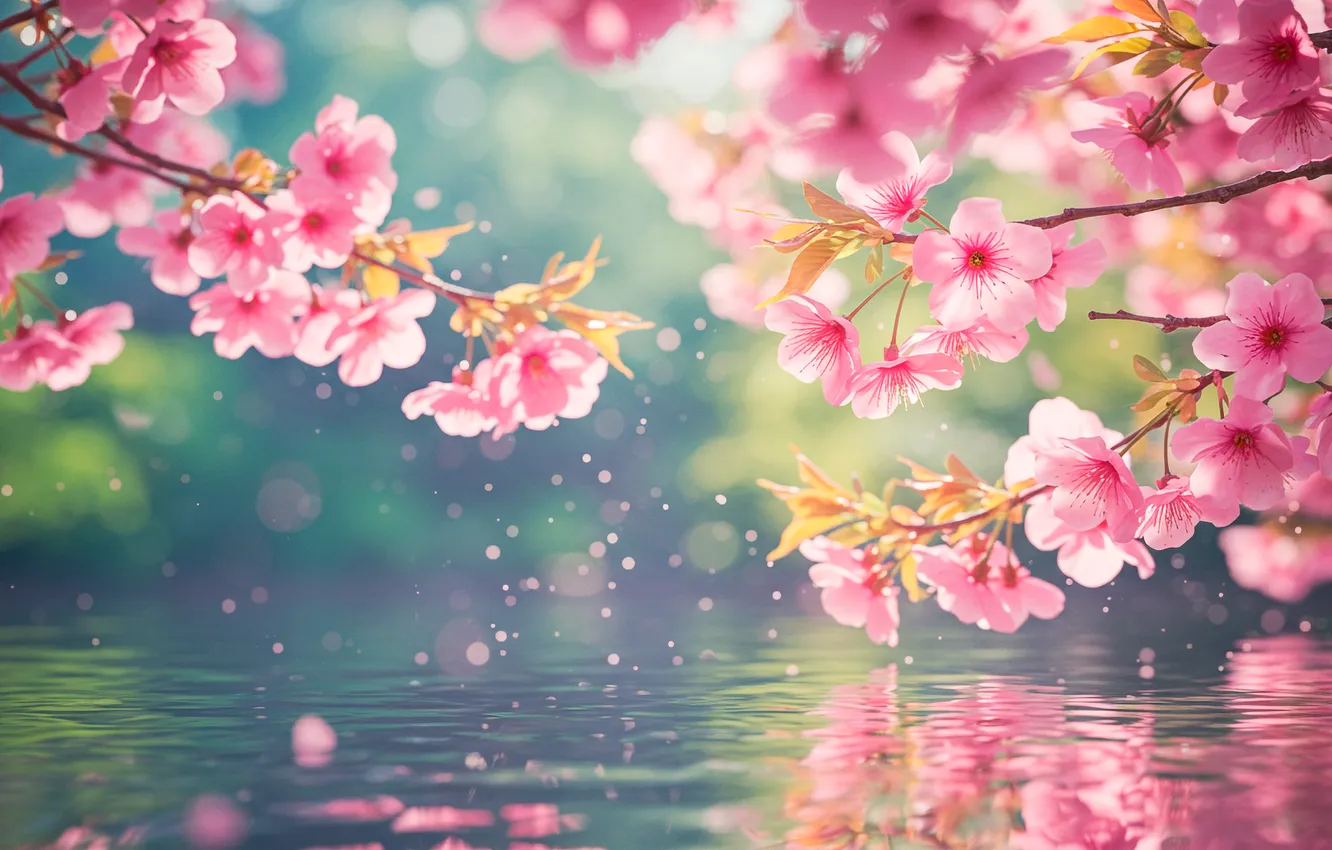 Photo wallpaper water, flowers, glare, Wallpaper, Sakura, art, wallpaper, water