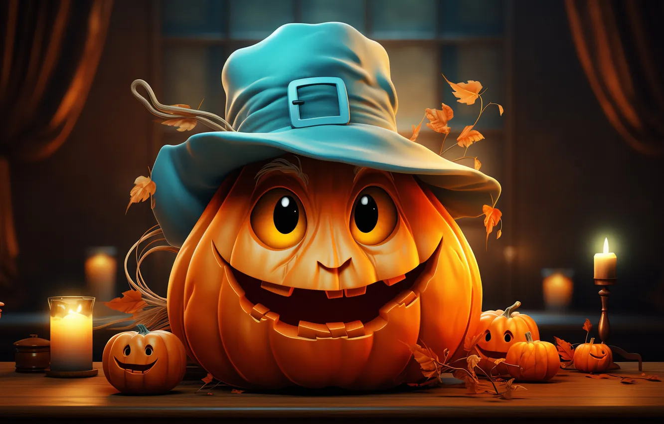 Photo wallpaper smile, hat, candles, pumpkin, Halloween