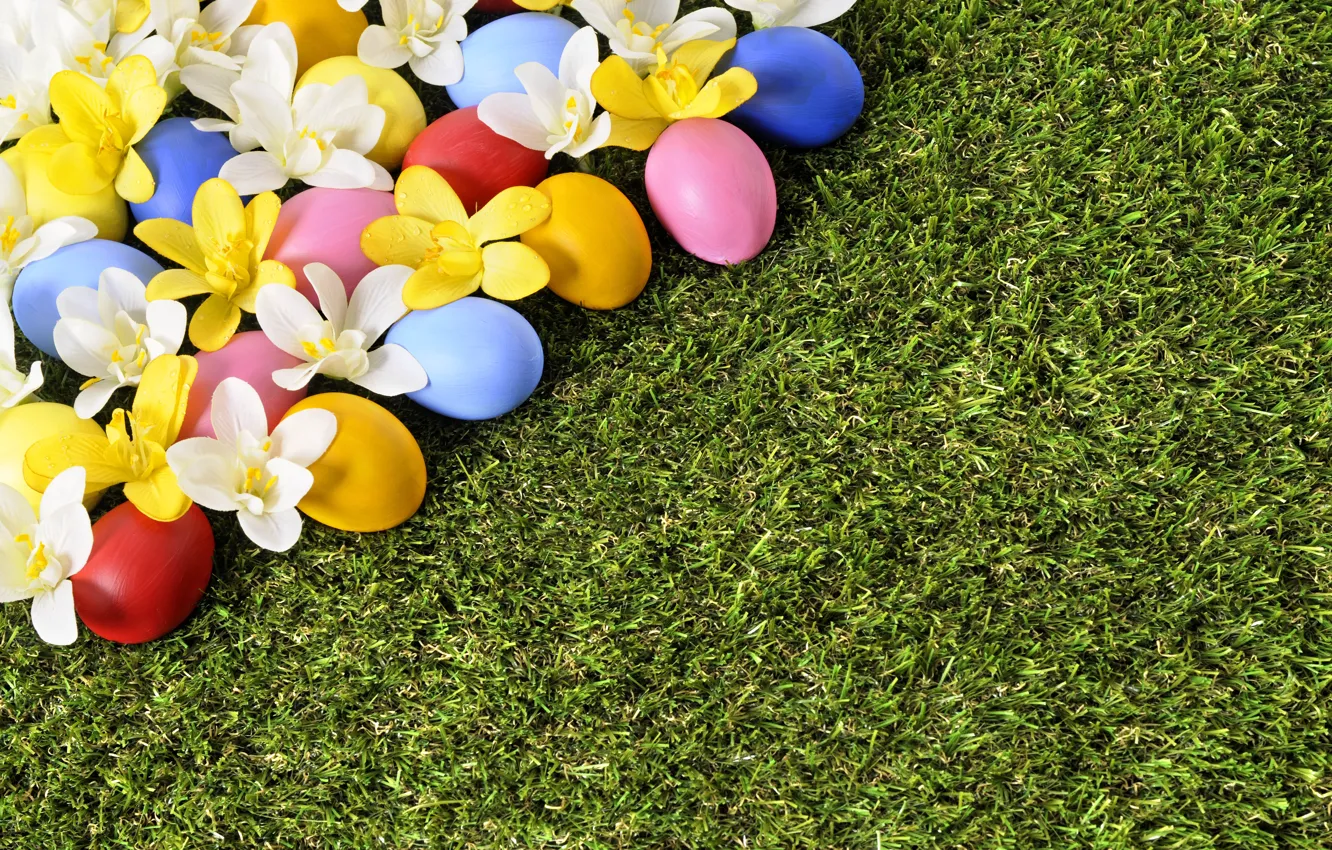 Photo wallpaper flowers, holiday, eggs, spring, Easter, grass, weed, flowers
