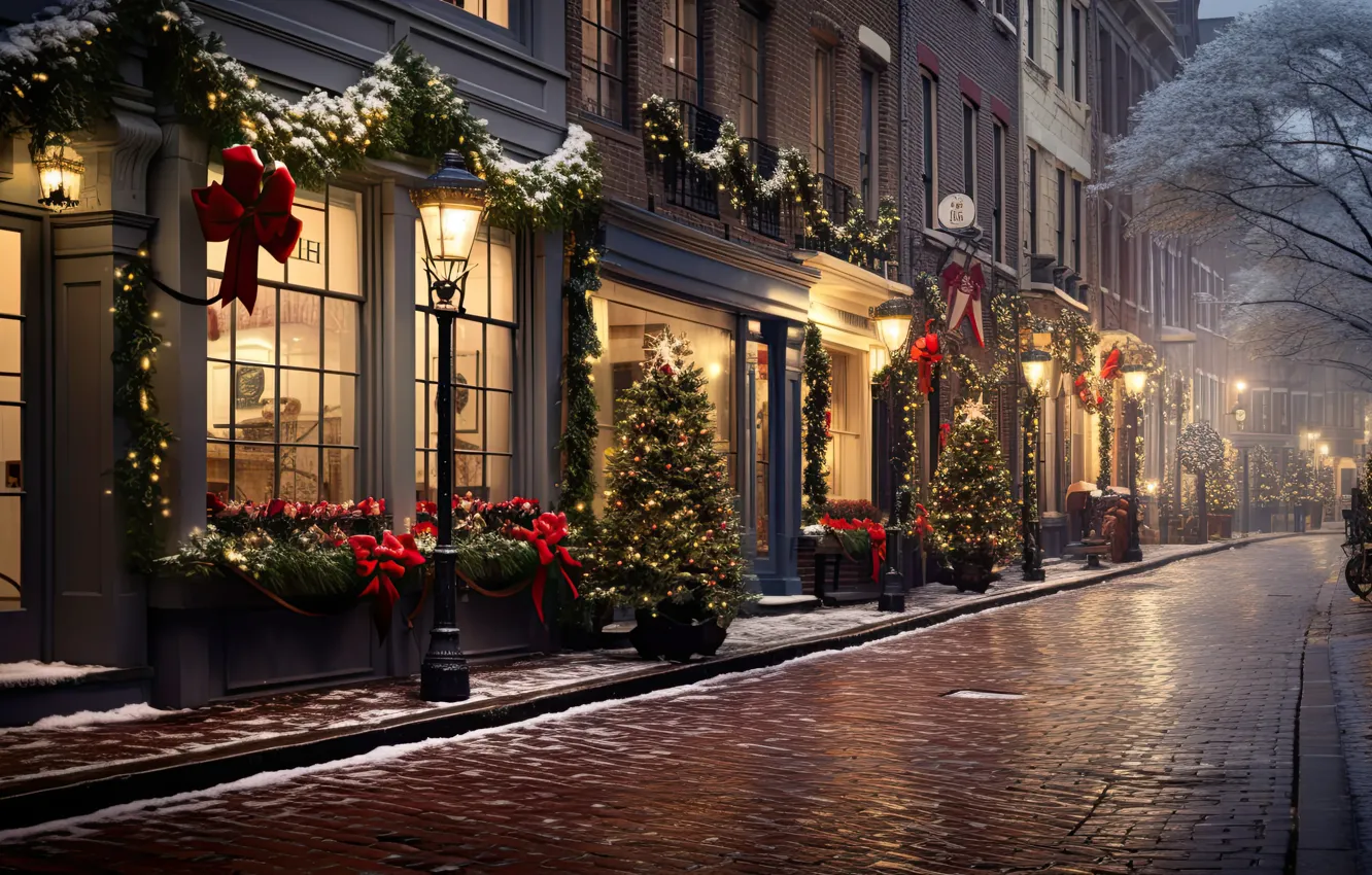 Wallpaper winter, snow, decoration, night, the city, lights, street ...