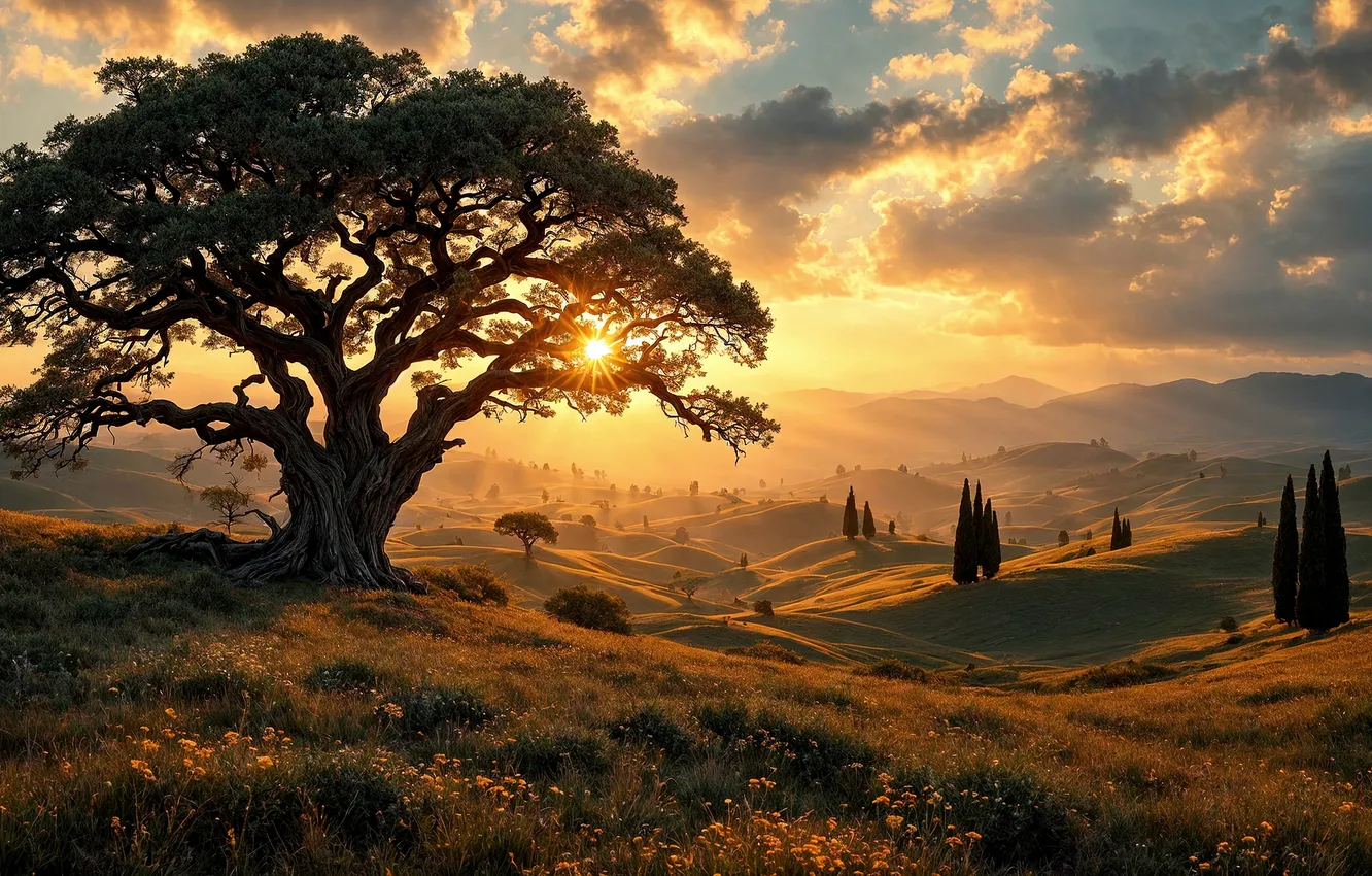 Photo wallpaper trees, sunset, beauty, valley, horizon, the rays of the sun, digital art, digital art