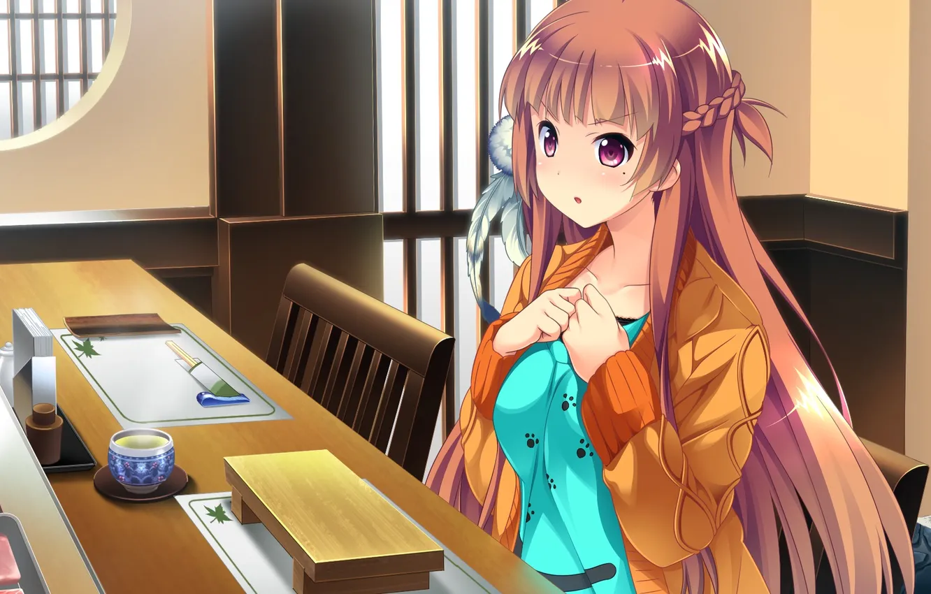 Photo wallpaper girl, tea, surprise, Breakfast, art, Baka Moe Heart ni Ai wo Komete!, strips mullet