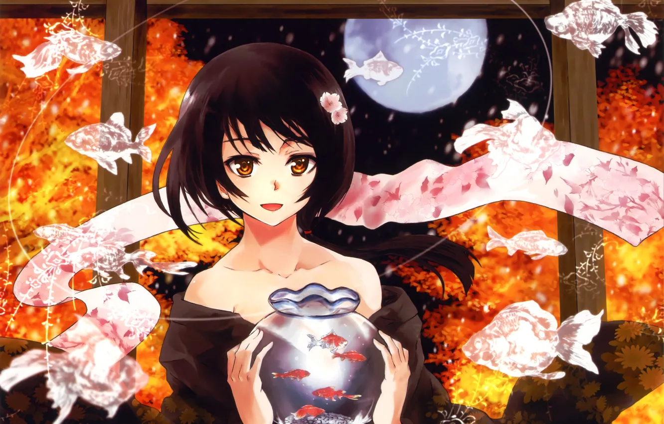 Photo wallpaper girl, fish, flowers, the moon, aquarium, anime, art, kimono