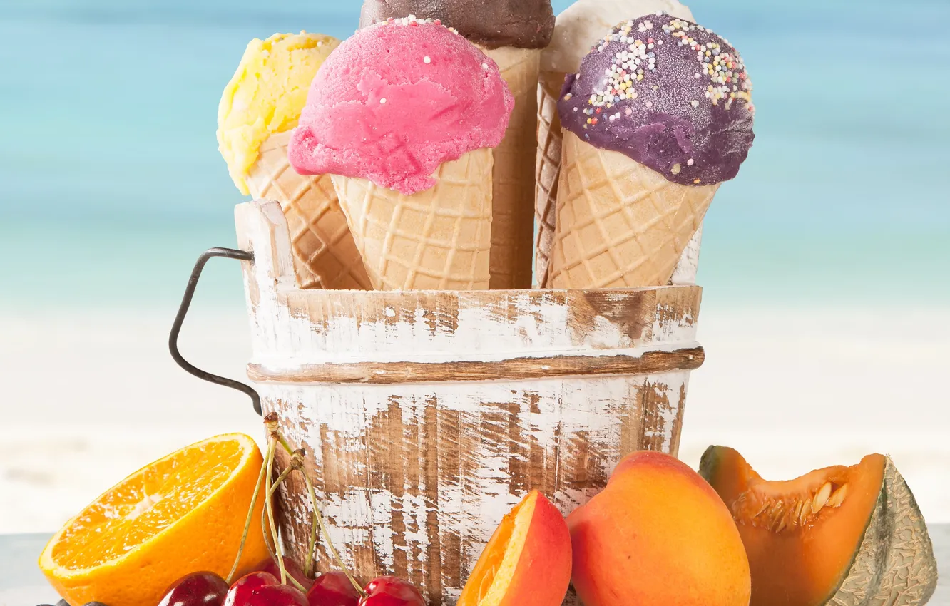 Photo wallpaper orange, blueberries, ice cream, cherry, melon