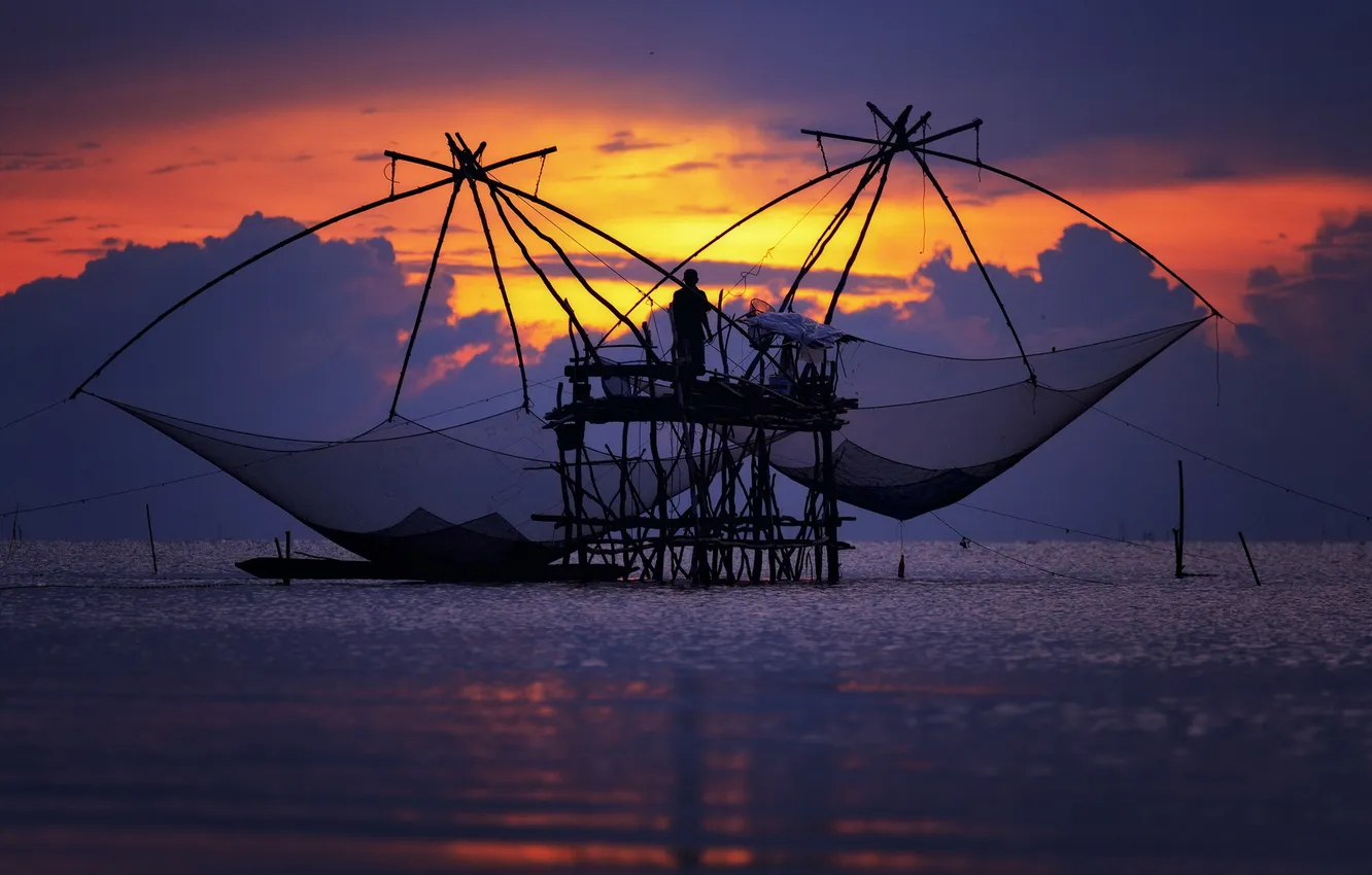 Photo wallpaper sea, night, network