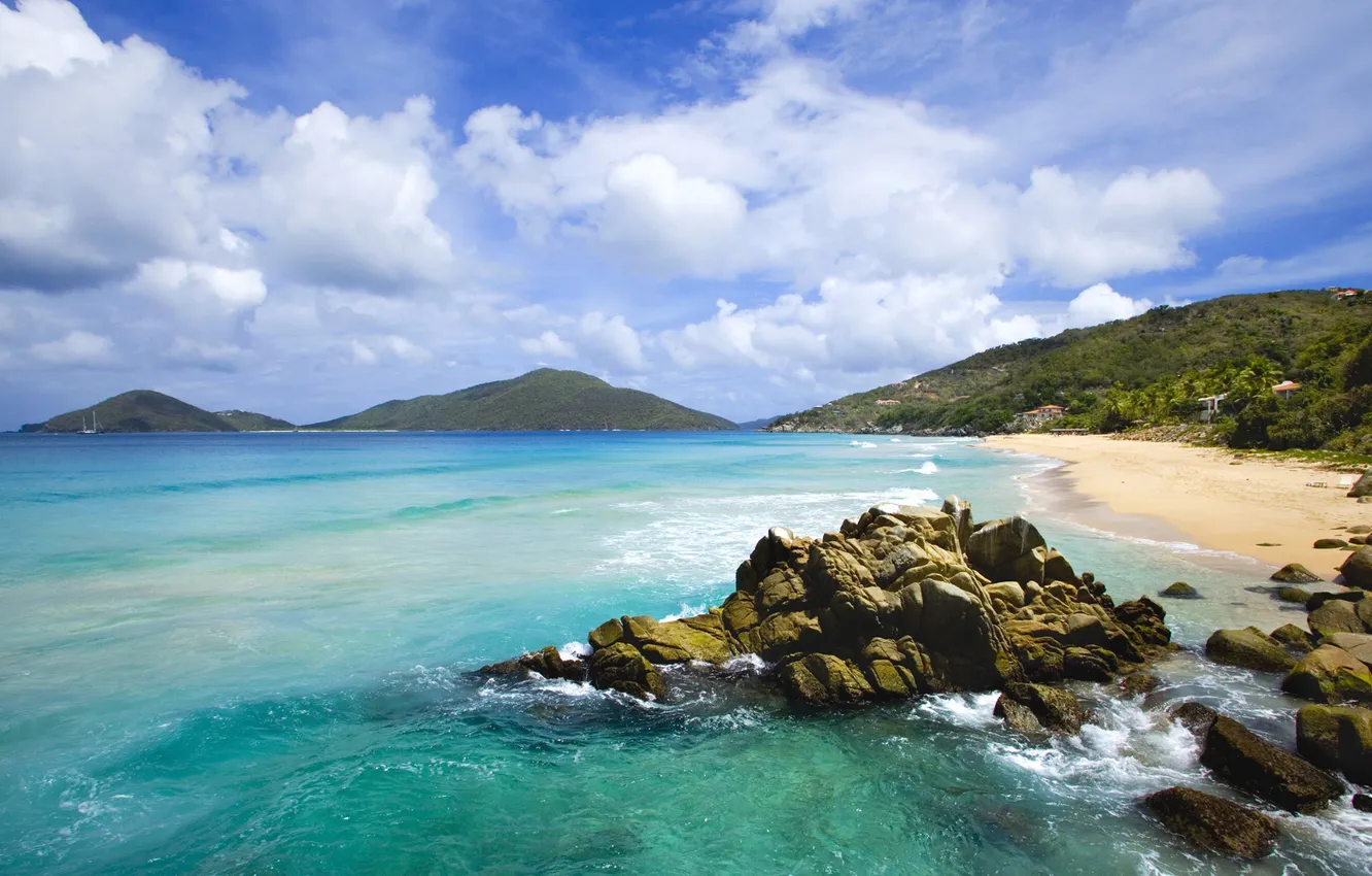 Photo wallpaper the sky, water, clouds, landscape, mountains, nature, stones, the ocean