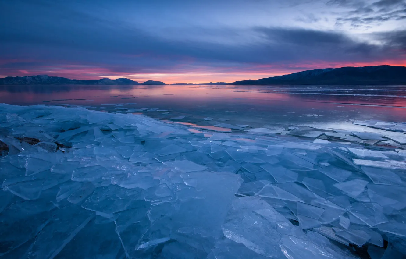 Photo wallpaper cold, ice, sunset, fragments, lake