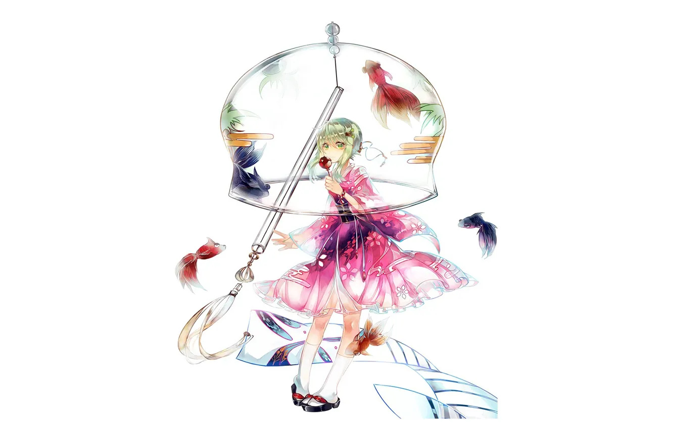 Photo wallpaper white background, vocaloid, Golf, green hair, Vocaloid, Rubber Megpoid, pink dress, geta