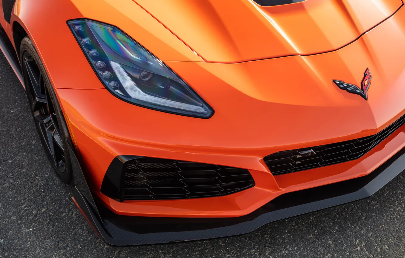 Photo wallpaper orange, headlight, Corvette, Chevrolet, ZR1, 2019