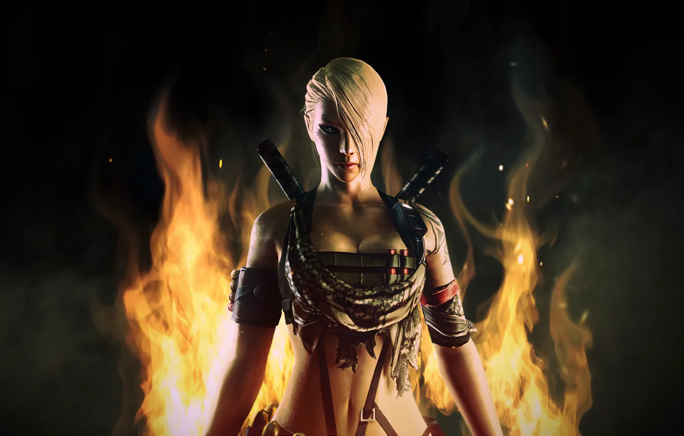 Photo wallpaper night, lights, flame, sword, sparks, blonde, characters, Nemesis