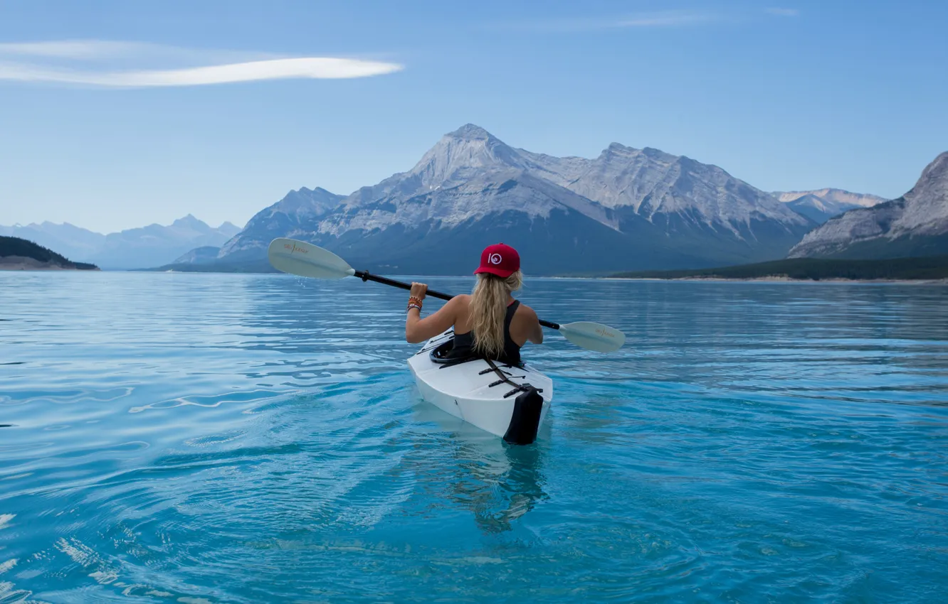 Photo wallpaper girl, landscape, mountains, nature, lake, boat, Mike, blonde