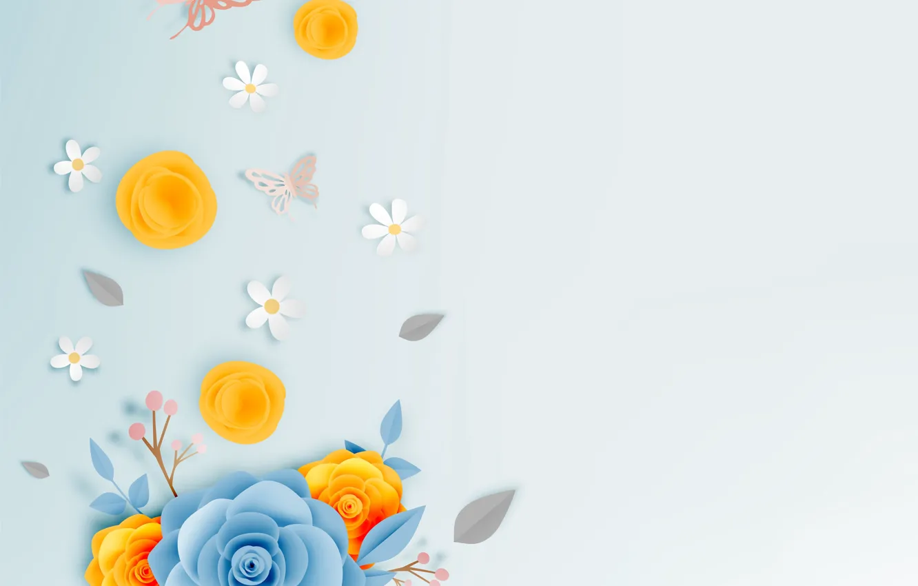 Photo wallpaper flowers, paper, background, pattern, butterfly
