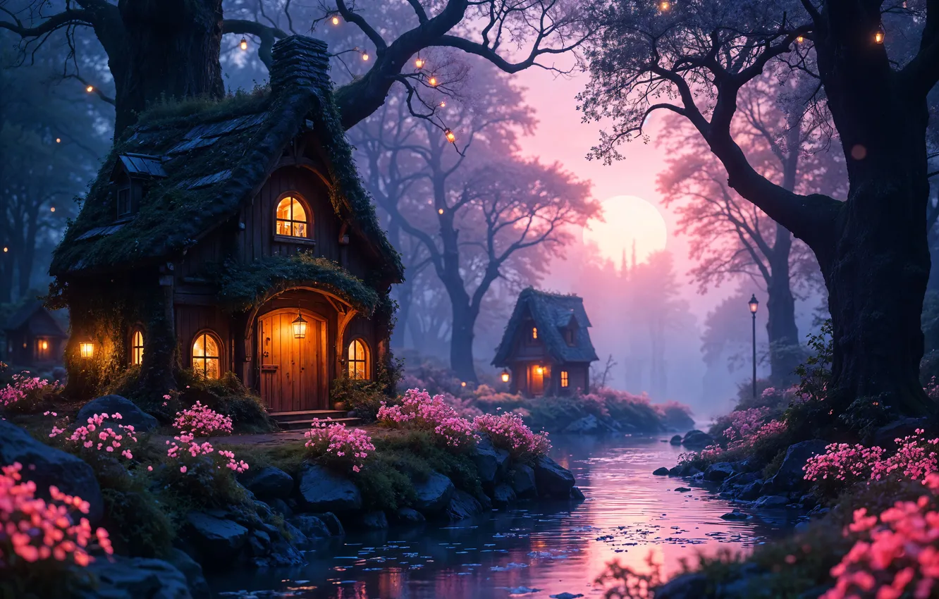 Photo wallpaper forest, the sun, trees, sunset, flowers, branches, fog, comfort