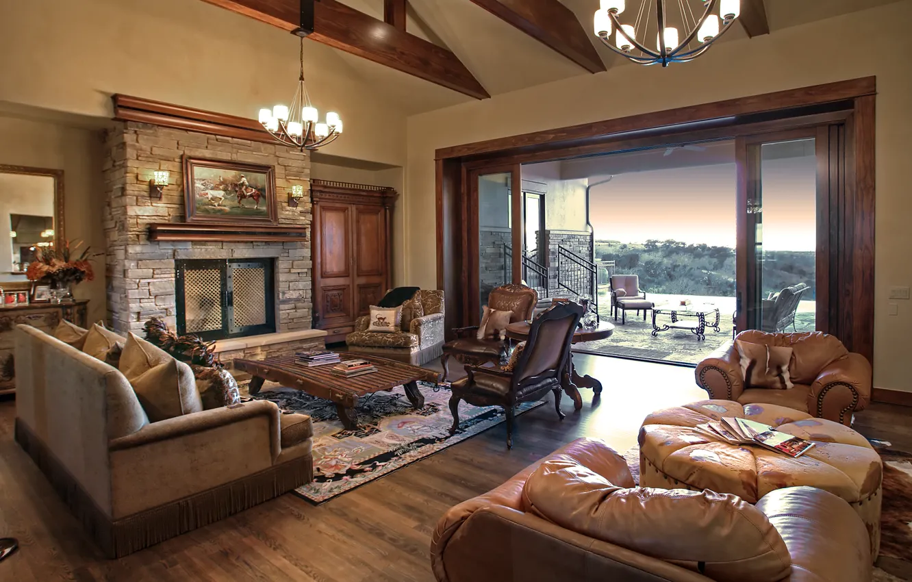 Photo wallpaper design, style, Villa, interior, fireplace, terrace, living room