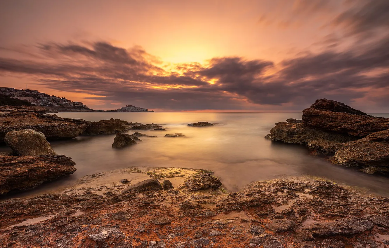 Photo wallpaper sunset, coast, Spain