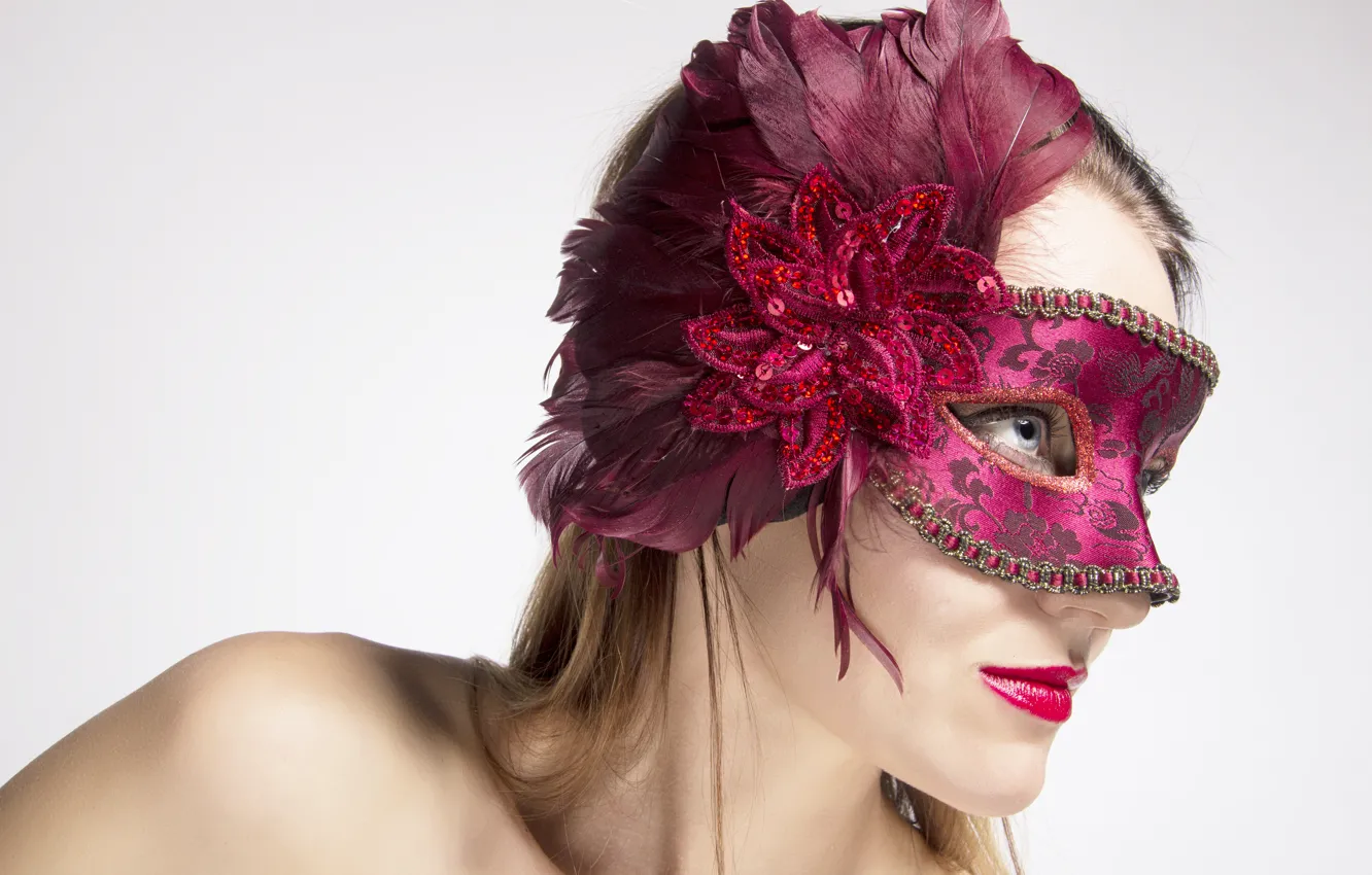 Photo wallpaper red, woman, feathers, mask
