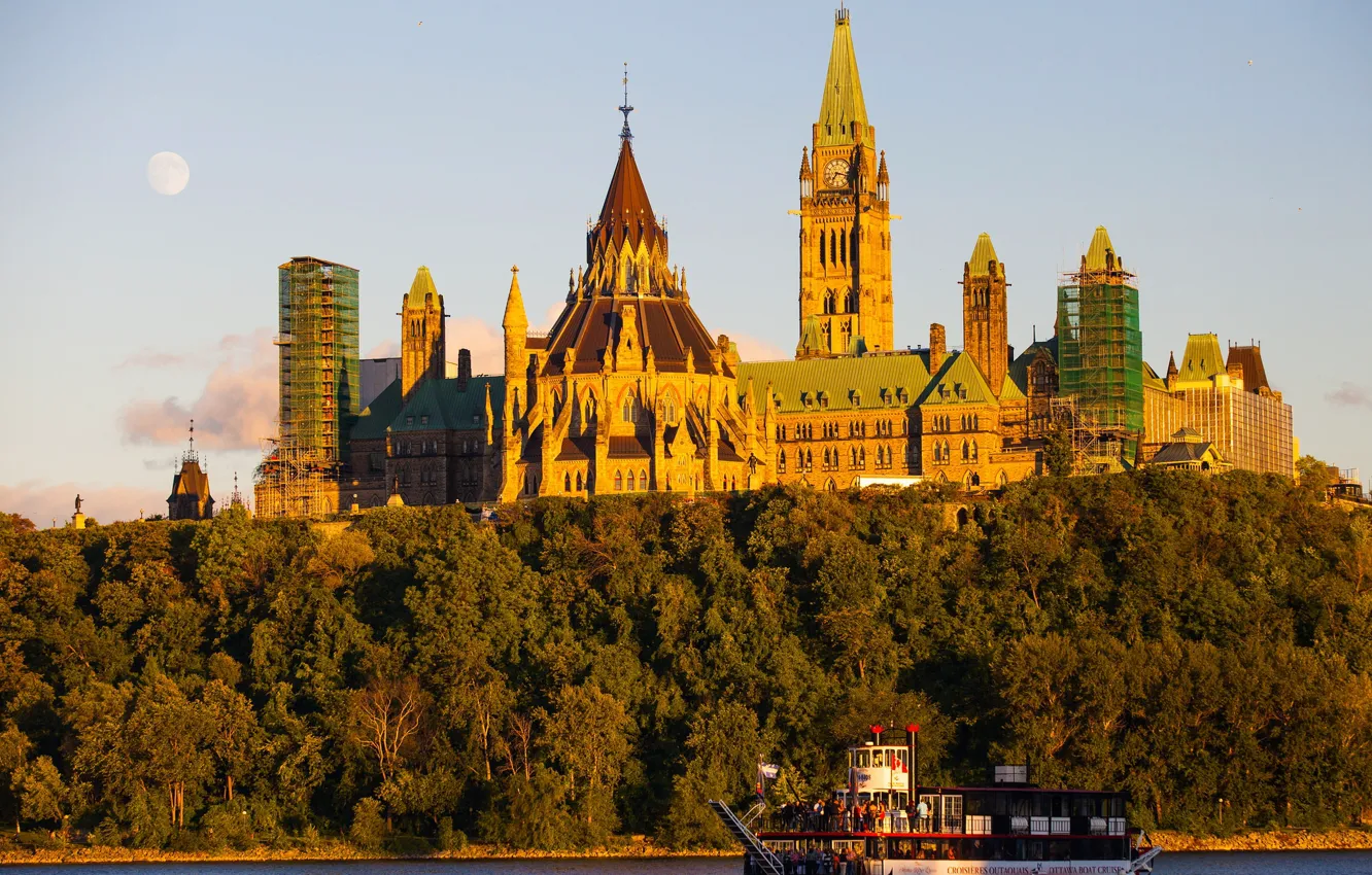 Photo wallpaper landscape, river, ship, Parliament, Canada, Ottawa