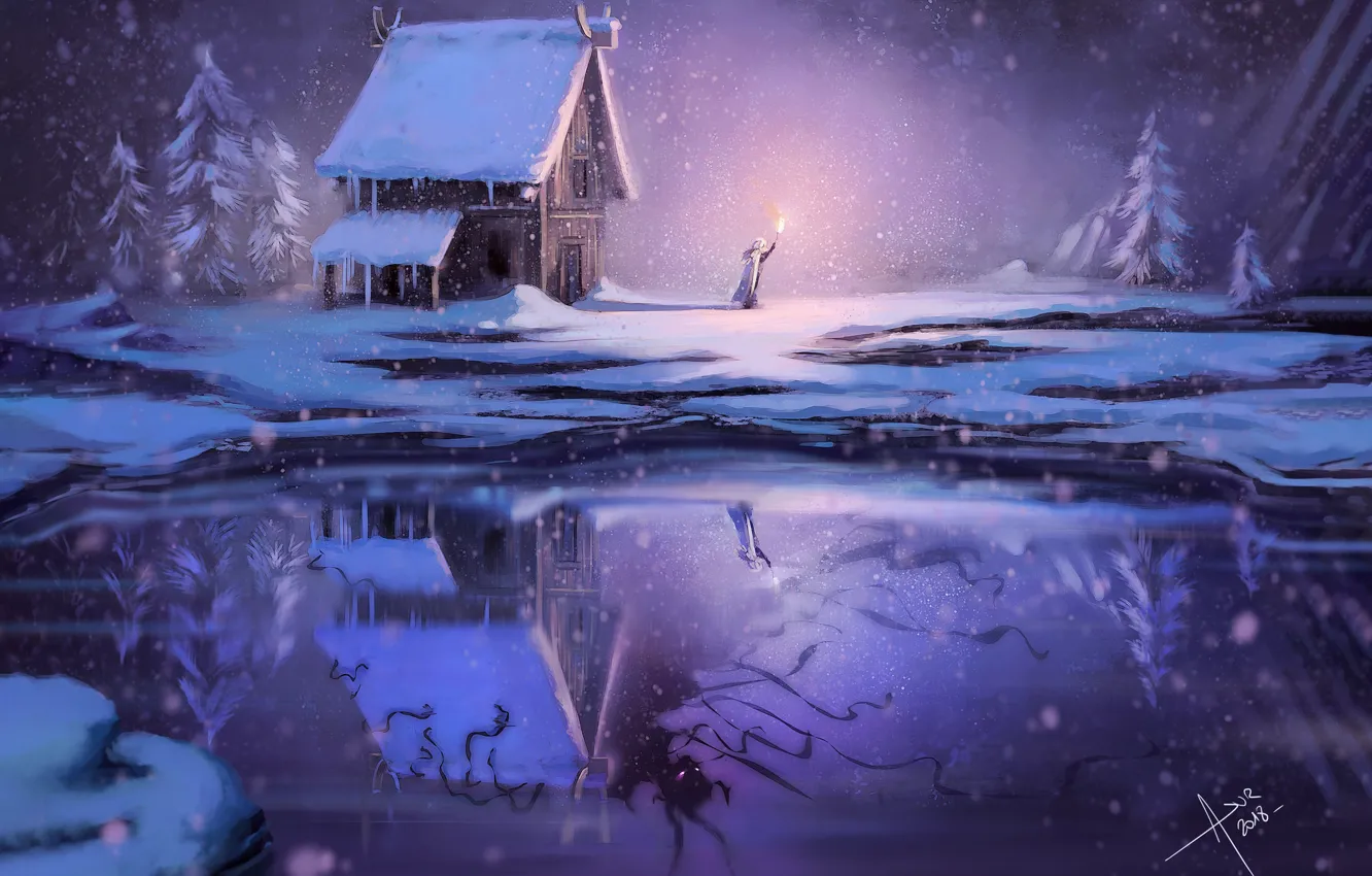 Photo wallpaper cold, winter, snow, lights, lake, reflection, monster, the demon