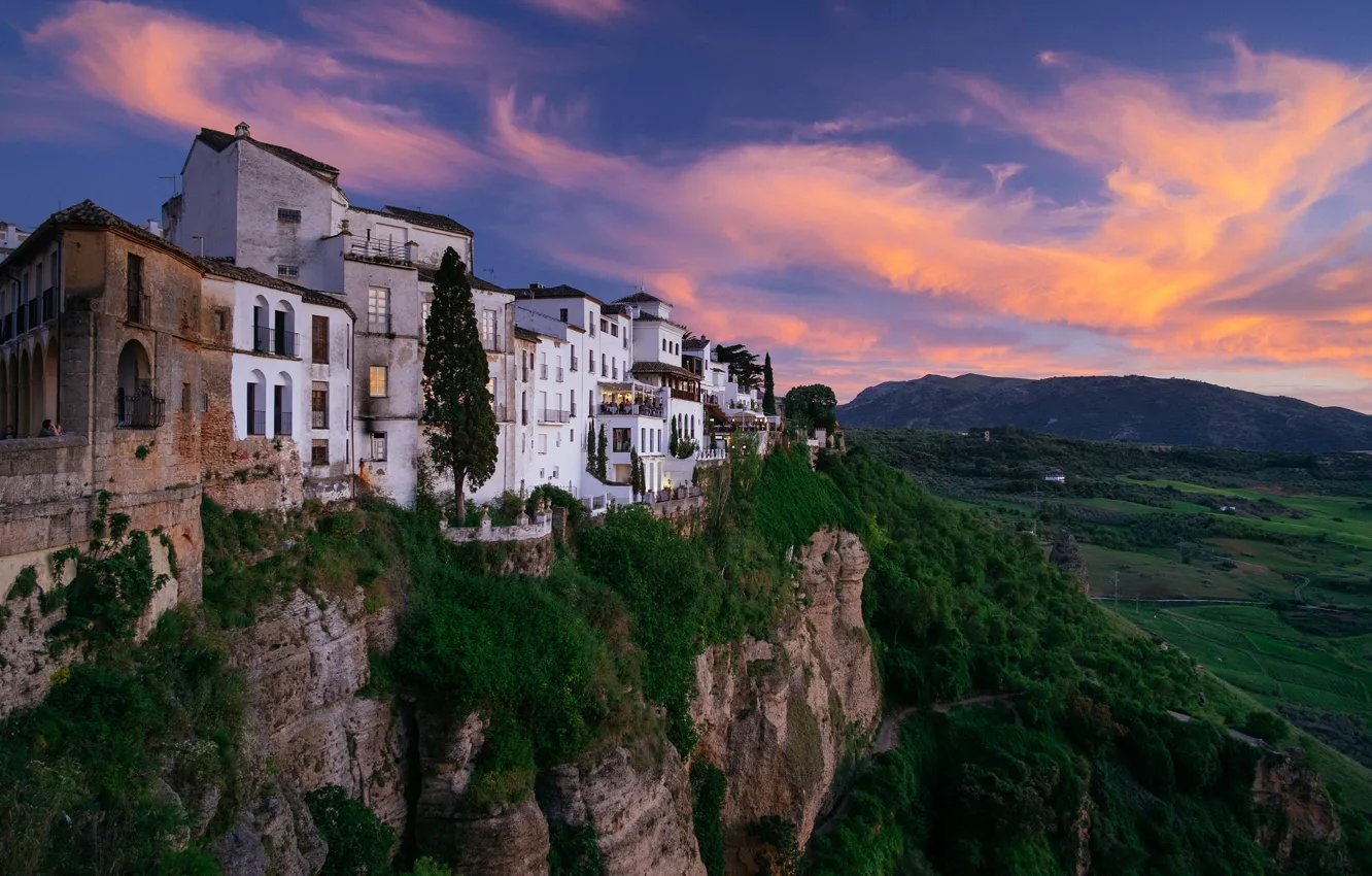 Photo wallpaper landscape, sunset, mountains, the city, rocks, home, gorge, Spain