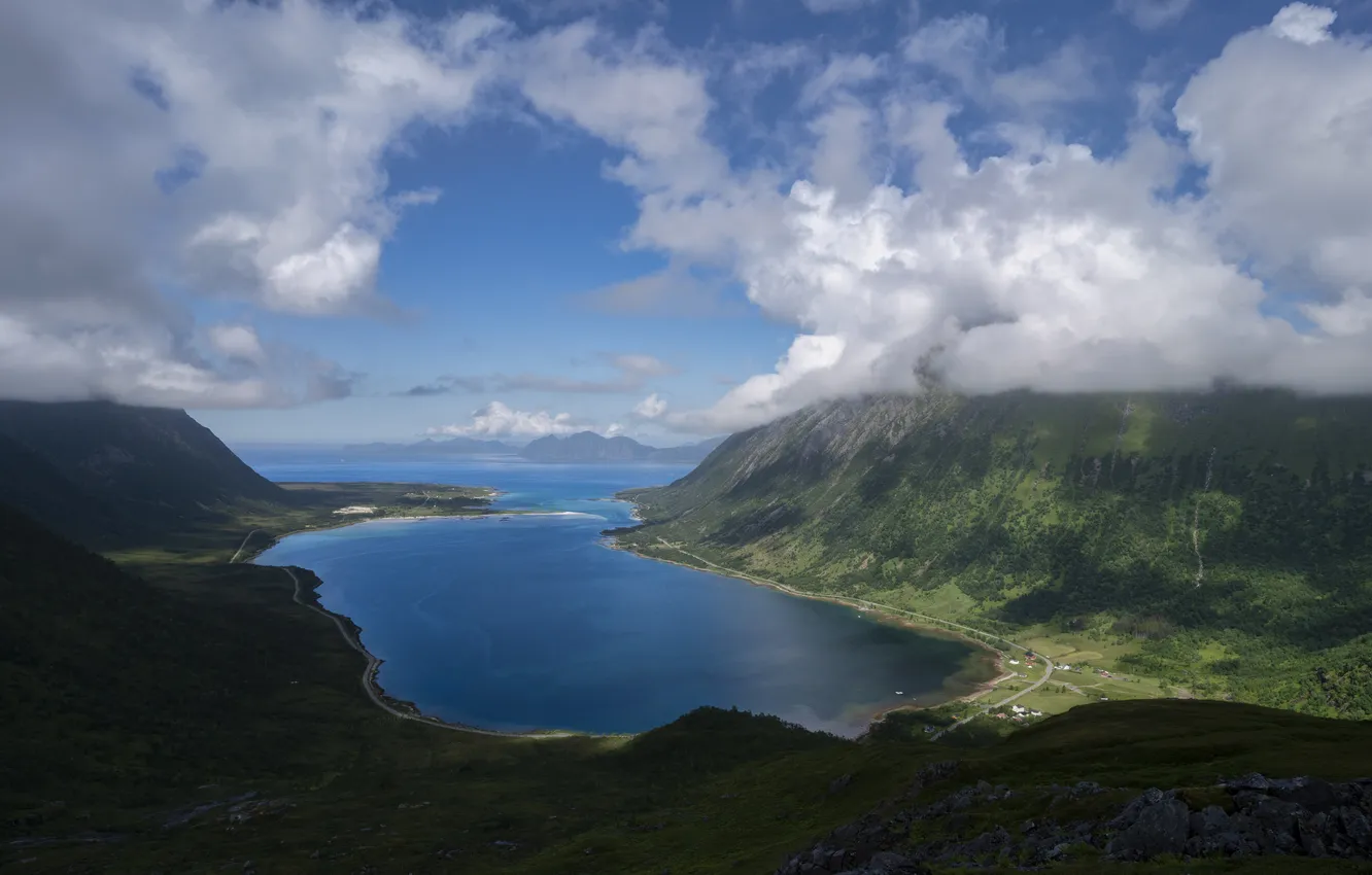 Photo wallpaper the sky, clouds, landscape, mountains, nature, Bay