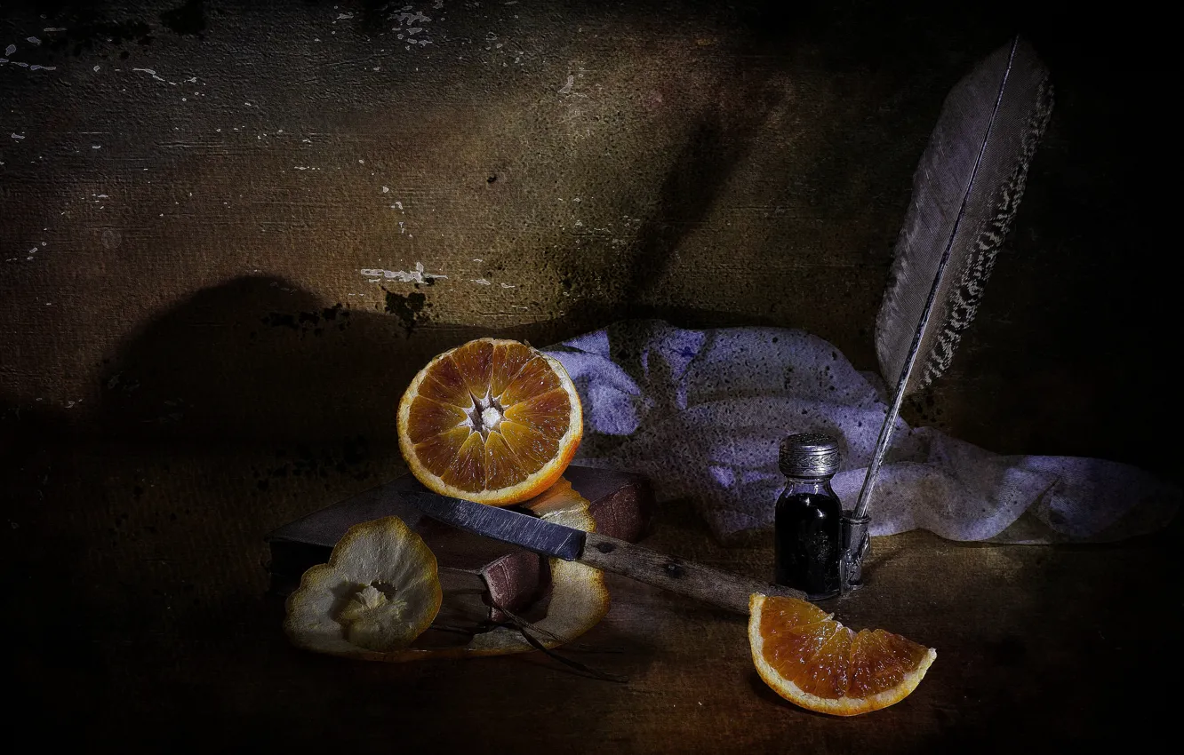 Photo wallpaper style, orange, feathers, book, ink