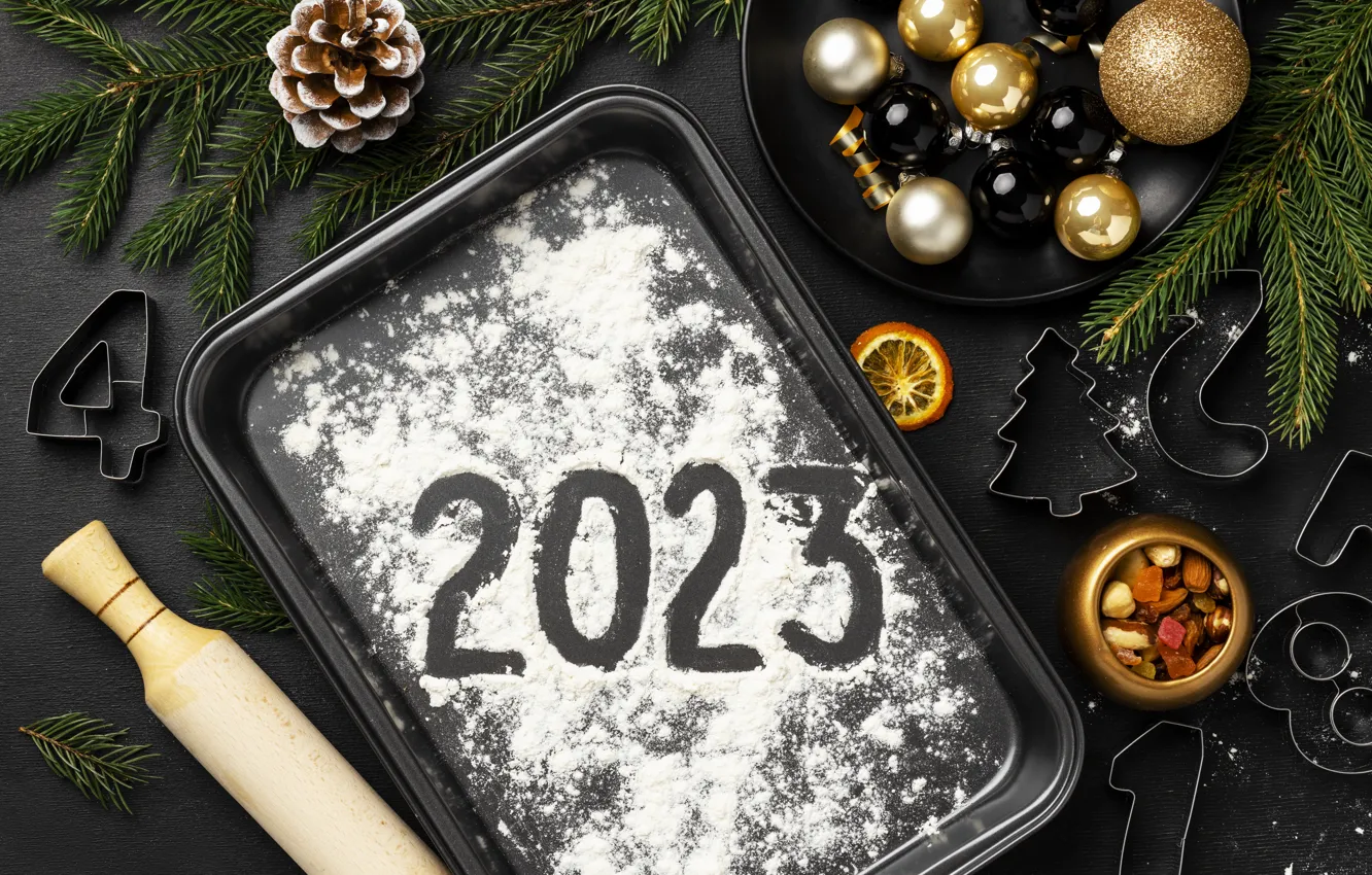 Photo wallpaper balls, branches, the dark background, holiday, black, toy, new year, plate