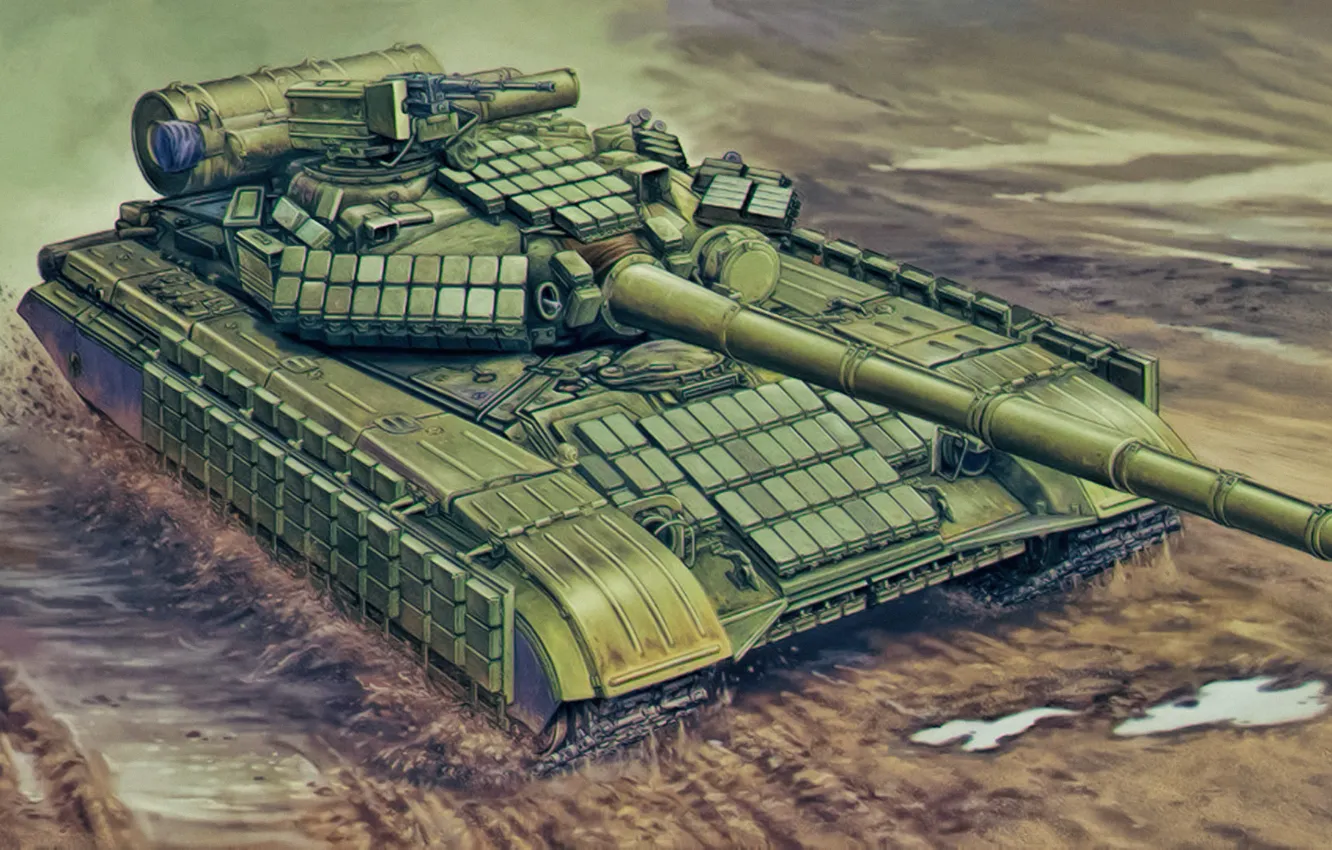 Photo wallpaper weapon, war, art, painting, tank, Soviet T-64AV MOD 1984