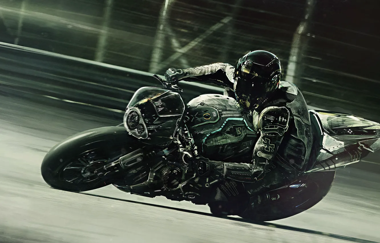 Photo wallpaper black, turn, motorcyclist, track, Sport bike