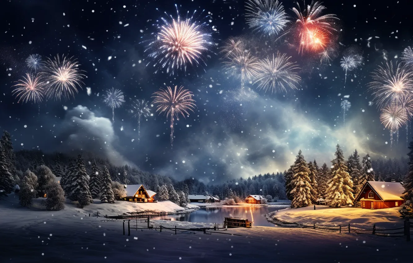 Photo wallpaper winter, snow, night, lights, salute, New Year, village, Christmas