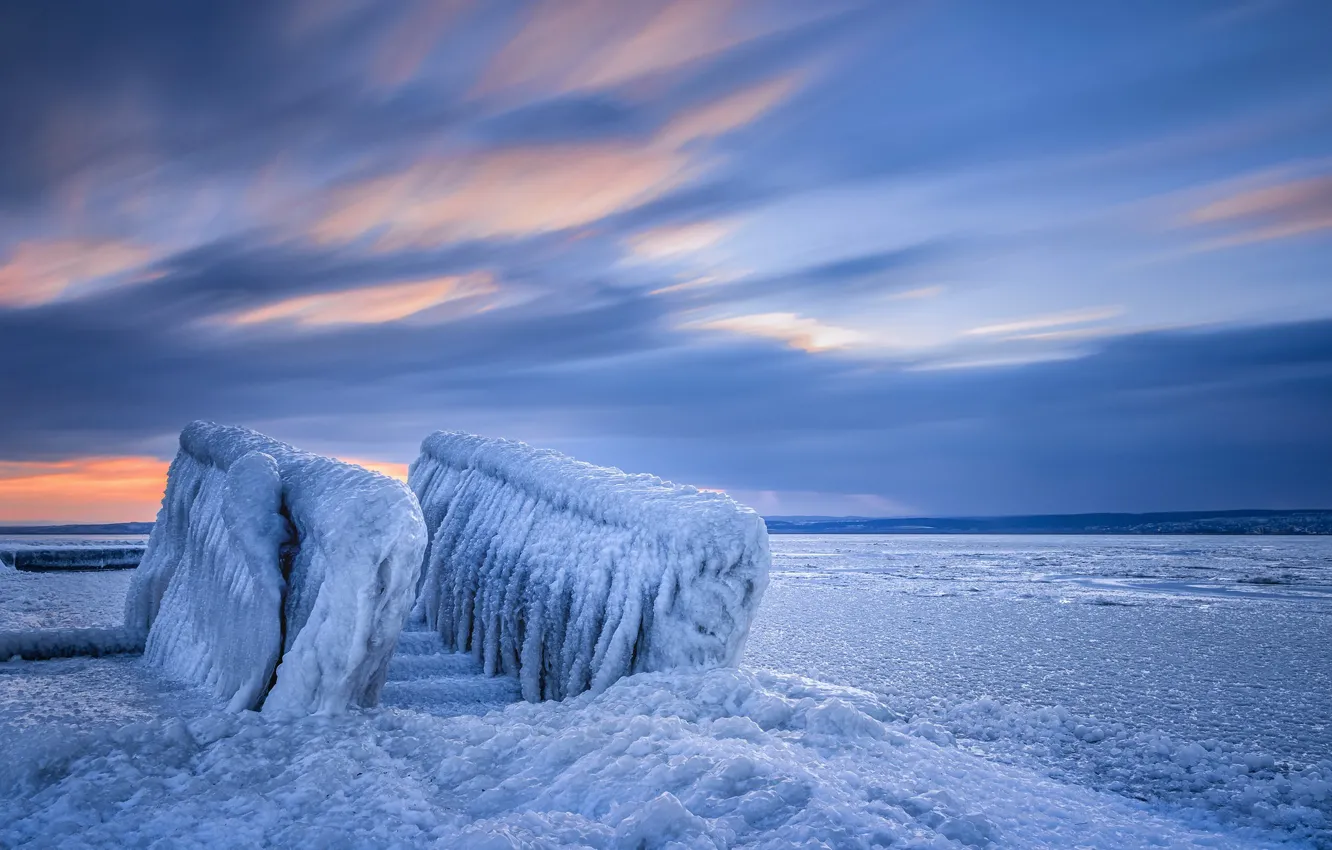 Photo wallpaper ice, winter, snow, sunset