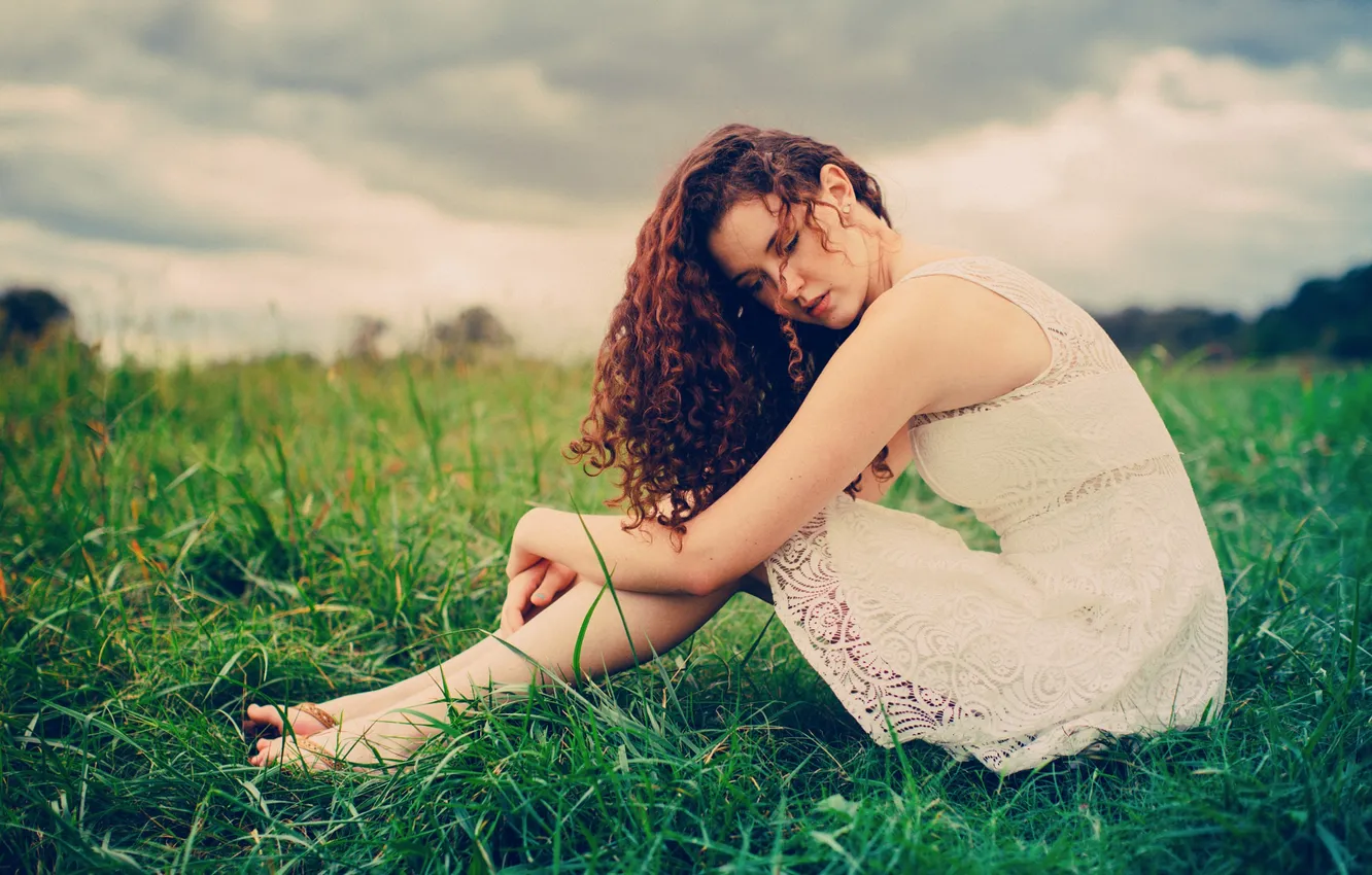 Photo wallpaper Girl, Nature, Clouds, Grass, Redhead, Field, Hair, Wind