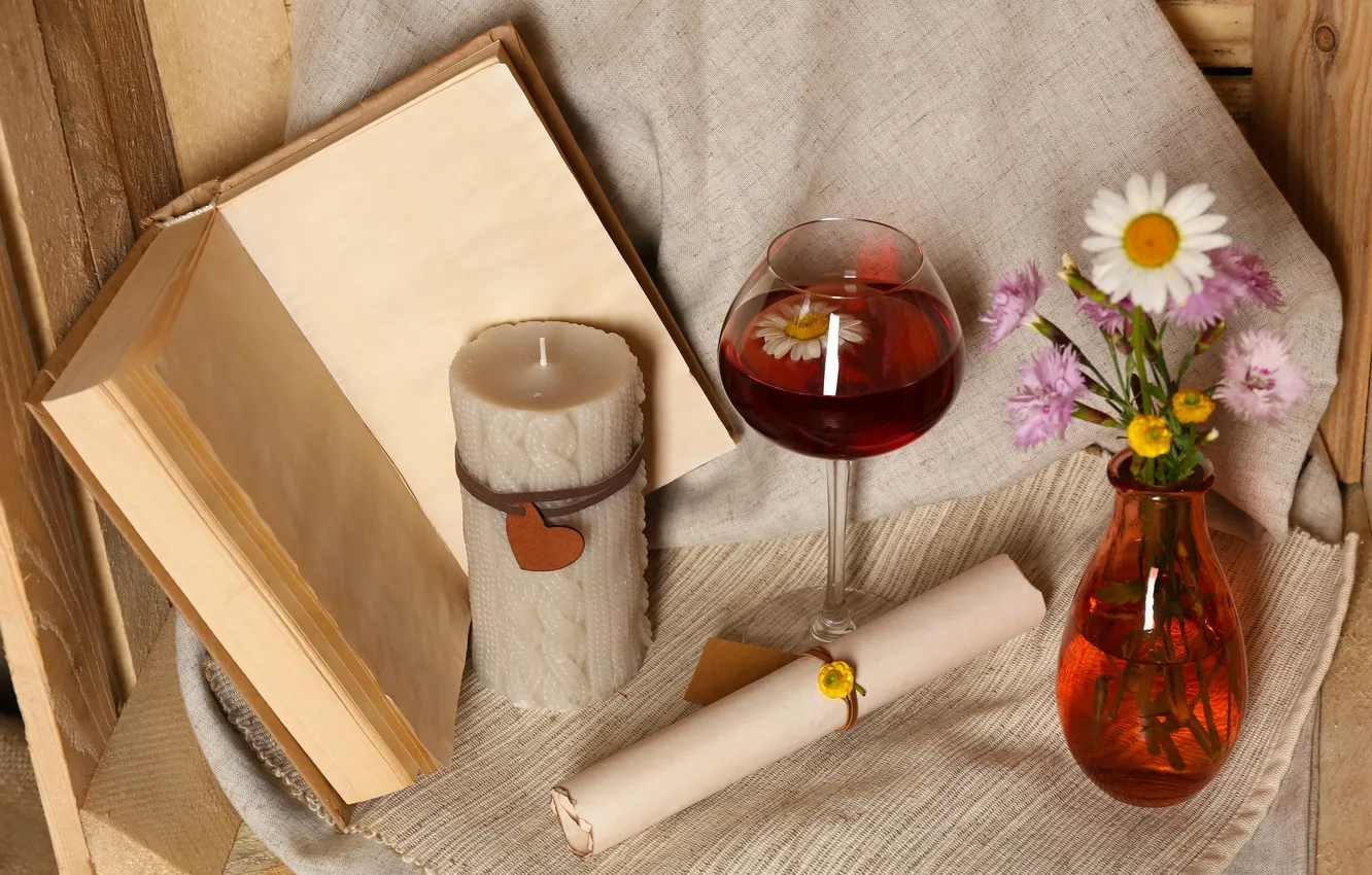 Photo wallpaper flowers, wine, candles, still life